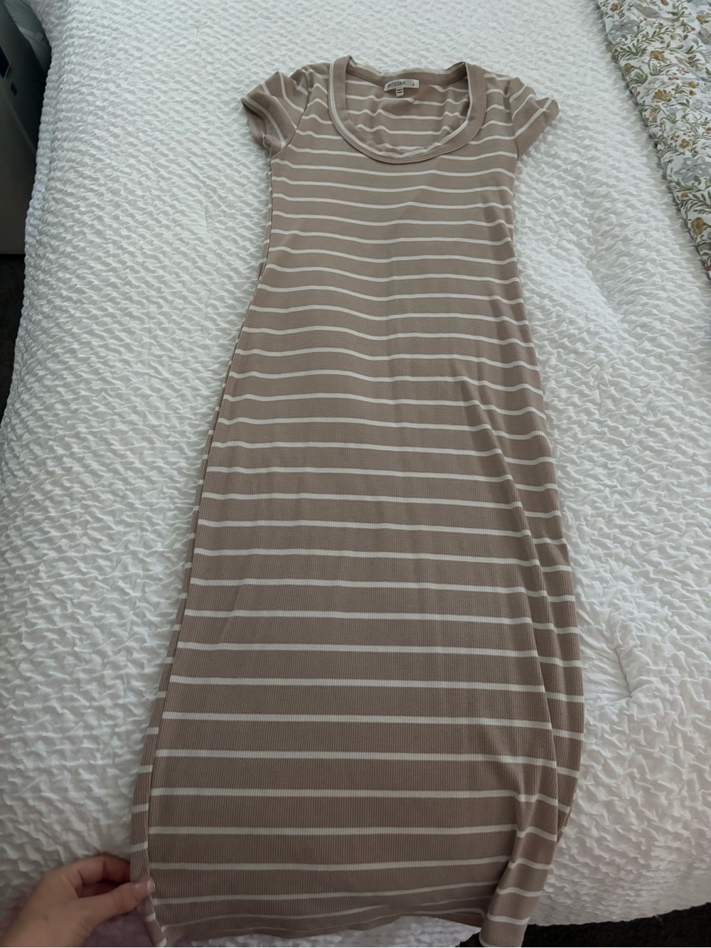 Striped Short-Sleeve Midi Dress in Taupe and White